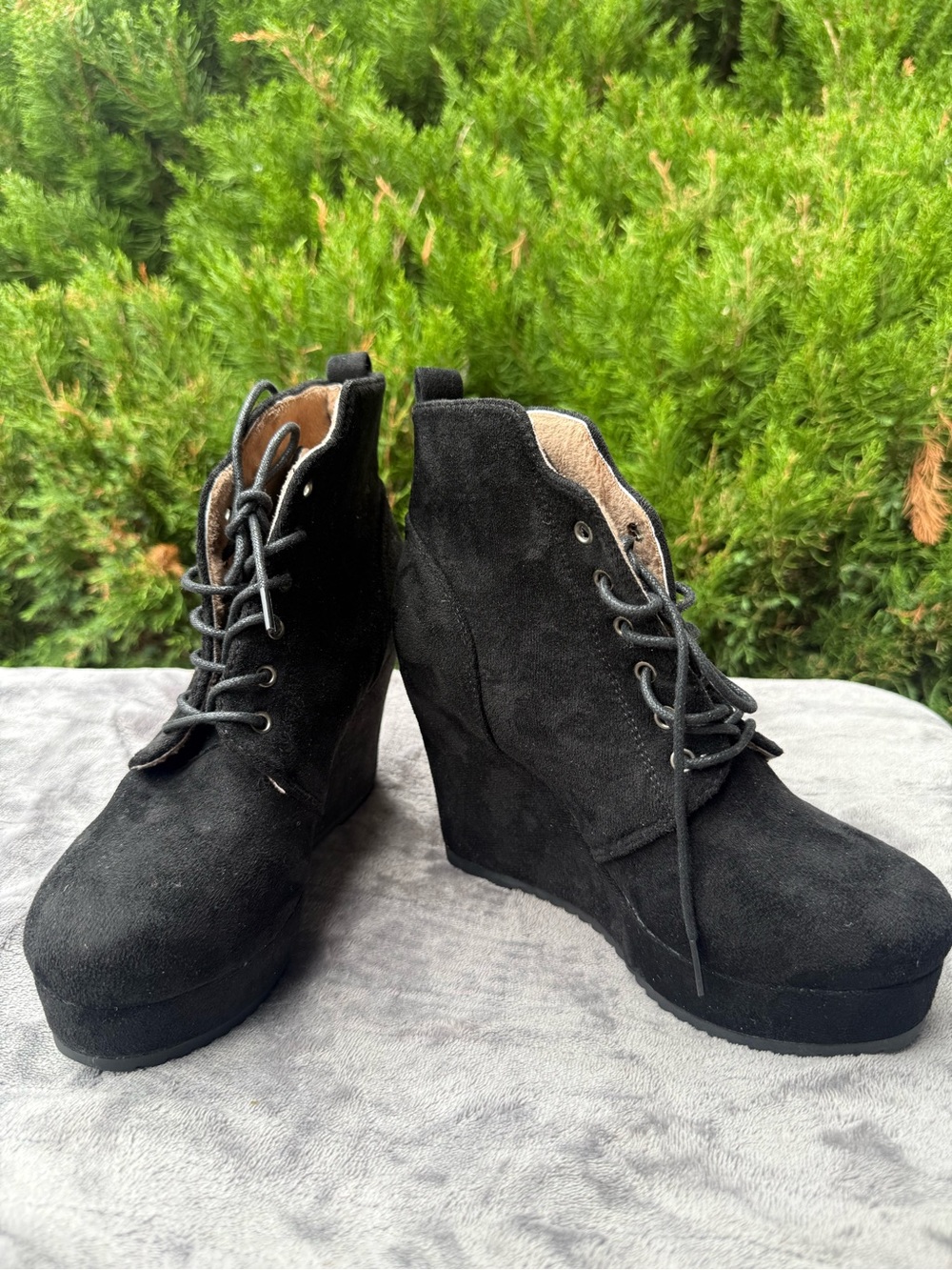 Black Suede Lace-Up Wedge Ankle Boots